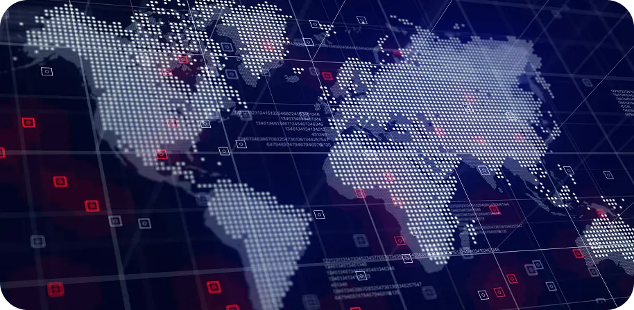 Цифрова карта світу з піксельними континентами на темному фоні в клітинку. Червоні точки даних і квадрати, що відсилають до тематики технологій і кібербезпеки.